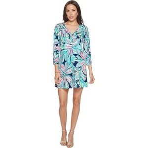 Lilly Pulitzer Amina Dress in High Tide Pima Cotton V-Neck 3/4 Sleeve Small